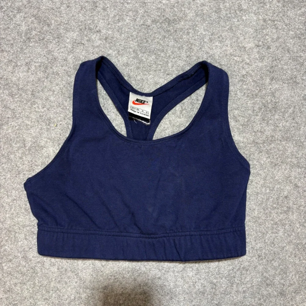 Vintage Nike Sports Bra Navy Blue Racerback Swoosh Logo W Medium Made in Taiwan